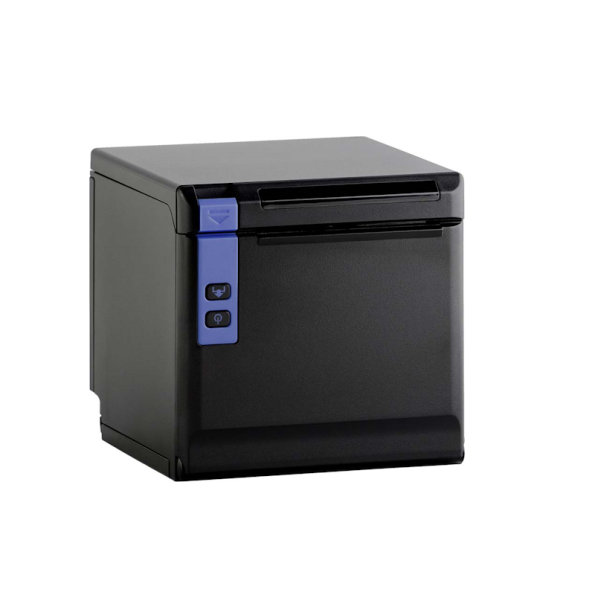 Zwarte compacte printer met blauwe knoppen aan de zijkant.