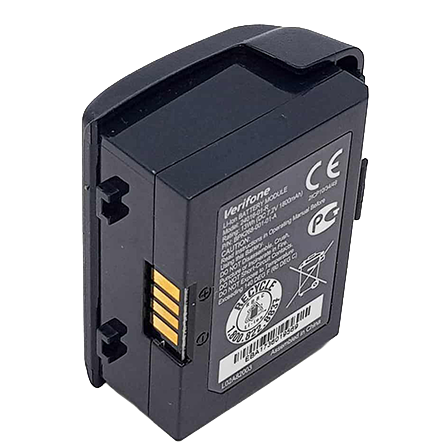 Een zwarte batterij met een merklabel van Verifone, inclusief veiligheidsinformatie en aansluitpunten.