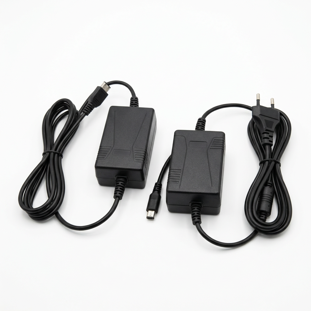 Two black power adapters with attached cables, one with a USB connector and the other with a two-prong plug.